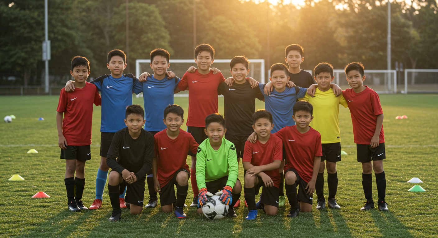 A diverse group of young soccer players working together.